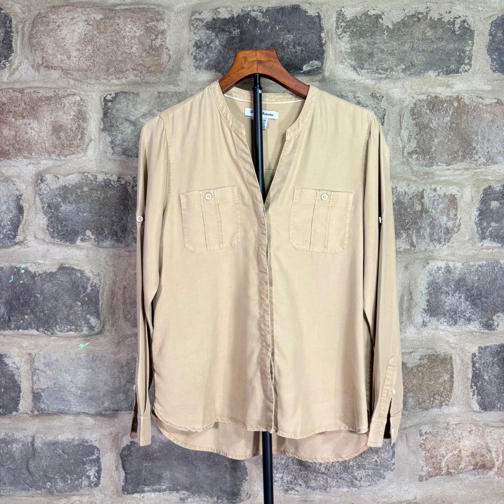 Tommy Bahama Womens Tan Tencel Roll Tab Sleeve Utility Top XS Coastal Neutral